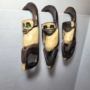 Three Wise Monkeys Hand Carved Wood See No Evil, Hear No Evil, Speak No Evil